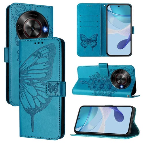 Funda de Cuero con Relieve de Mariposa para ZTE Blade A75 5G y Nubia Focus (Azul)