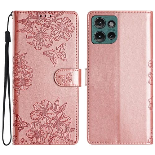 Funda de Teléfono PU Motorola Edge 50 5G con Relieve Mariposa y Flor de Cerezo (Oro Rosa)