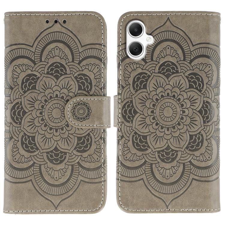 Funda de cuero con estampado de mandala solar para Samsung Galaxy A06 4G / 5G / A07 5G (gris)