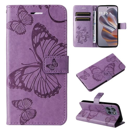 Funda de Cuero con Tapa y Mariposa en Relieve 3D para Motorola Edge 50 Neo (Morado)