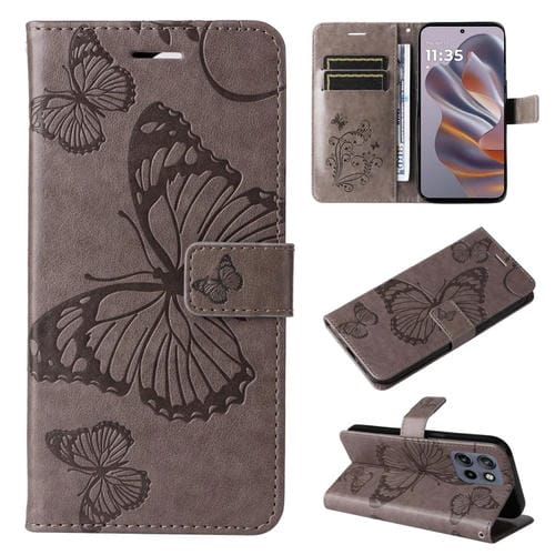 Funda de Cuero con Tapa y Mariposas en Relieve 3D para Motorola Edge 50 Neo (Gris)