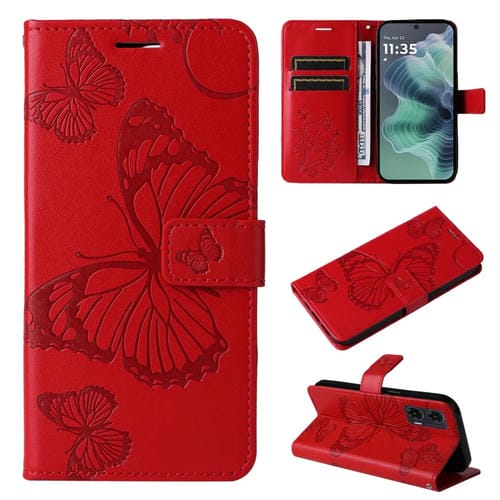 Funda de Cuero con Tapa y Mariposa en Relieve 3D para Motorola Moto G35 (Rojo)