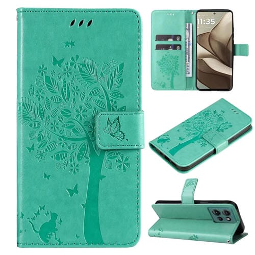 Funda de Cuero con Tapa para Motorola Edge 50 5G con Diseño de Árbol y Gato (Verde)