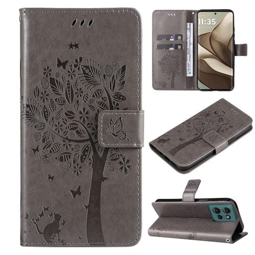 Funda de Cuero con Tapa Motorola Edge 50 5G Diseño Árbol y Gato En Relieve (Gris)