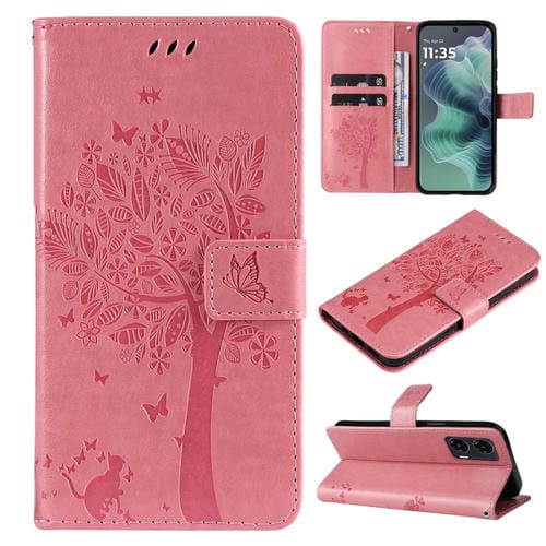 Funda de Cuero con Tapa para Motorola Moto G35 con Diseño Árbol y Gato en Relieve (Rosa)