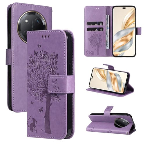 Funda de Cuero con Tapa para Honor X9C 5G Global con Estampado de Árbol y Gato (Morado Claro)