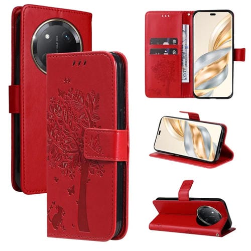 Funda de Cuero con Tapa para Honor X9C 5G Global con Estampado de Árbol y Gato (Roja)