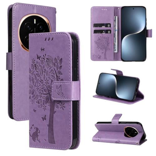 Funda de Cuero con Tapa para Honor Magic7 Estampado Árbol y Gato (Morado Claro)