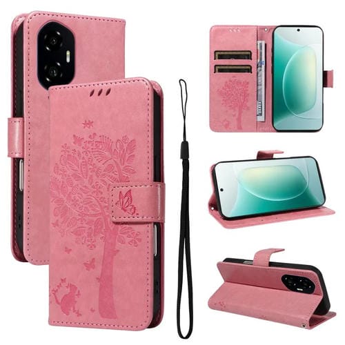 Funda de Cuero con Tapa para Honor 300 con Diseño de Árbol y Gato en Relieve (Rosa)