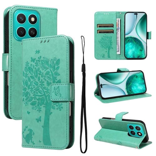 Funda de Cuero con Tapa para Honor X8C 4G Global con Estampado Árbol y Gato (Verde)