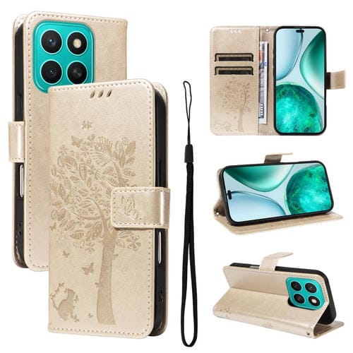 Funda de Cuero con Tapa para Honor X8C 4G Global con Estampado de Árbol y Gato (Dorada)
