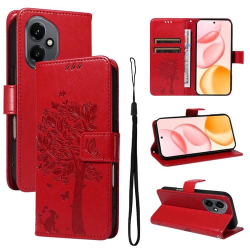Funda de cuero con tapa para Honor 400 Global (156,5 mm), diseño de árbol y gato en relieve (roja)
