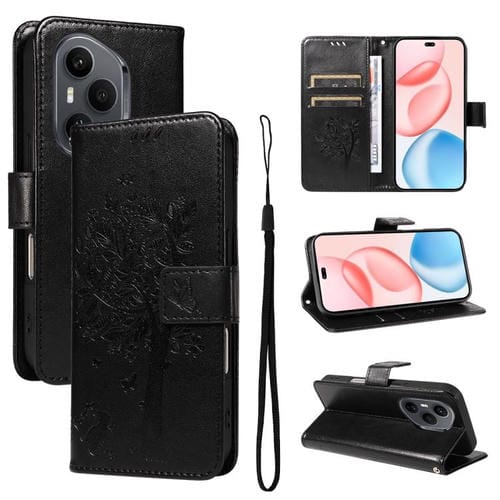 Funda de cuero con tapa para Honor 400 Pro Global (160,8 mm), diseño de árbol y gato (negro)