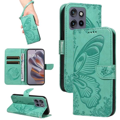 Funda de Cuero con Relieve de Mariposa para Motorola Edge 50 Neo (Verde)