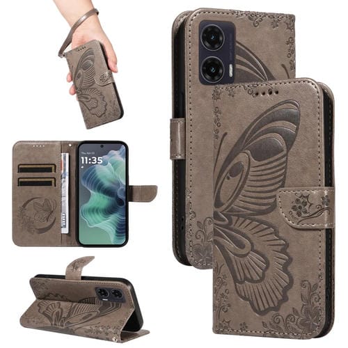 Funda de Cuero con Relieve de Mariposa para Motorola Moto G35 (Gris)