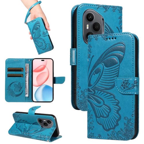 Funda de cuero con relieve de mariposa para Honor 400 Pro Global (160,8 mm) (azul)
