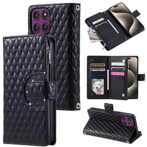 Funda de cuero tipo billetera con cremallera y diseño de celosía brillante para Motorola Edge 60 Pro (negra)