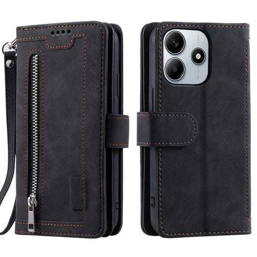 Funda de Cuero con Cremallera y Cordón para Xiaomi Redmi Note 14 5G, con Nueve Tarjetas, Color Negro