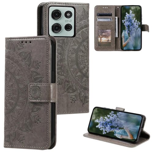 Funda de Cuero con Relieve de Flores para Motorola Moto G75 5G con Cordón (Gris)