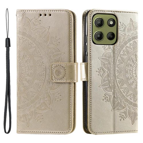 Funda de Cuero con Relieve de Flores y Tótem para Motorola Moto G15 con Cordón (Dorado)