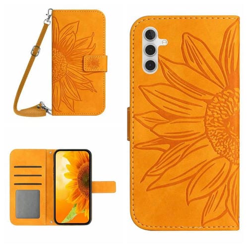 Funda de piel con tapa y cordón para Samsung Galaxy S25 FE 5G, con diseño de girasol en relieve y diseño de piel (amarilla)