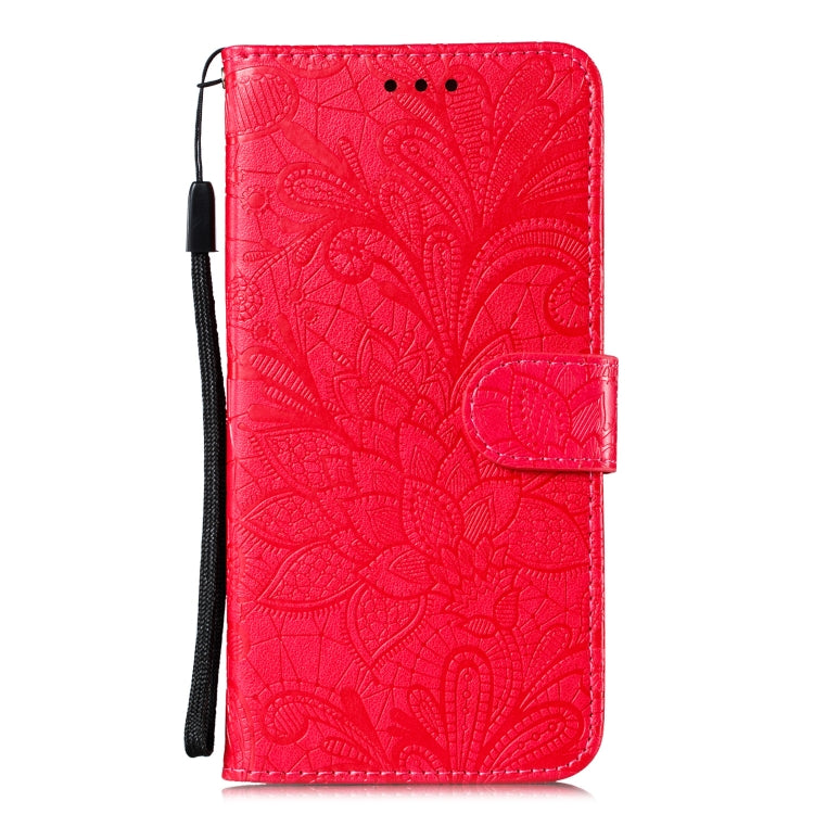 Para Huawei Honor Y8s Lace Flower Funda de cuero con tapa horizontal con soporte y ranuras para tarjetas, billetera y marco de fotos (rojo)