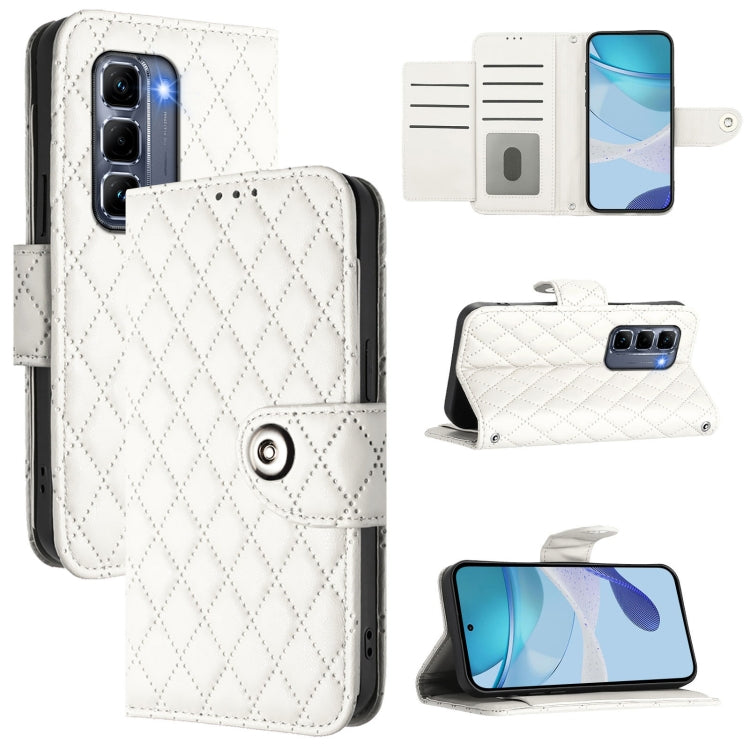 Funda de Cuero con Tapa y Textura Rómbica para Infinix Hot 50 Pro+ 4G con Cordón (Blanco)