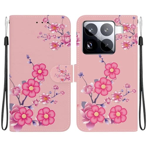 Funda De Cuero Con Dibujo De Colores Y Textura De Cristal Para Xiaomi 15 Pro (Flores De Cerezo)