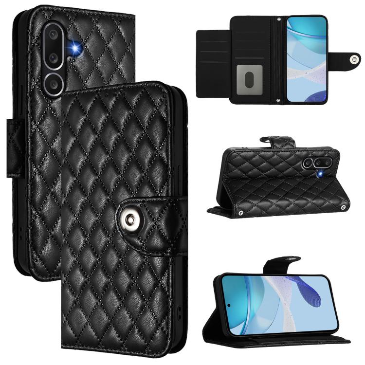 Funda de cuero con textura rómbica y cordón para Samsung Galaxy M56 5G (negra)