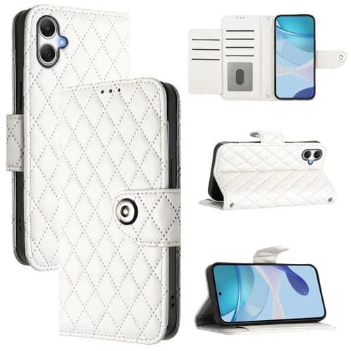 Funda de cuero con textura rómbica y cordón para Samsung Galaxy A07 4G (blanca)