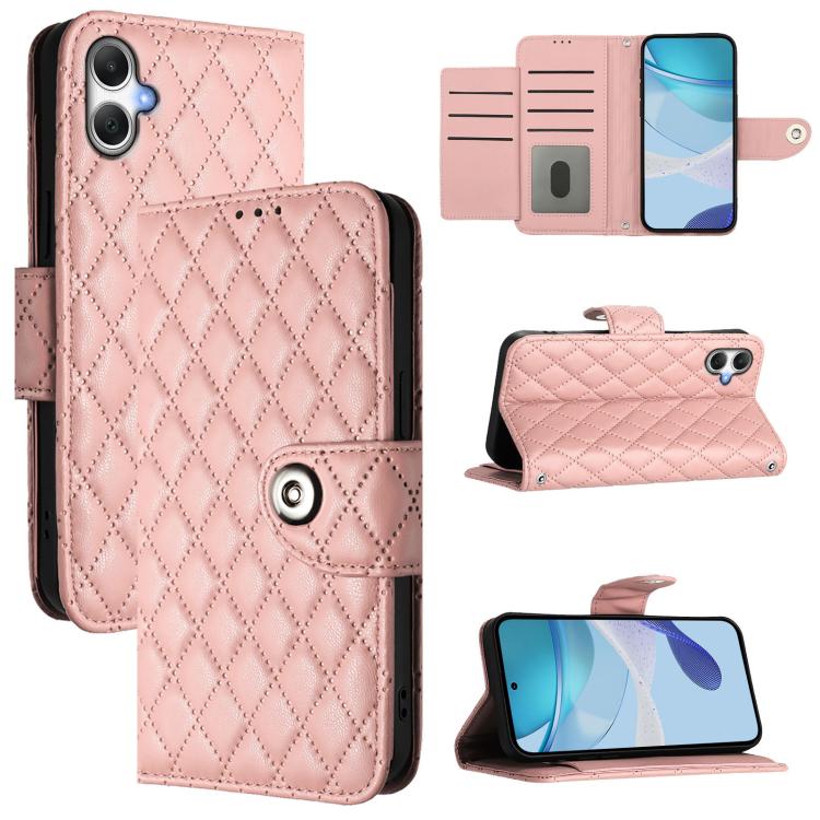Funda de cuero con textura rómbica y cordón para Samsung Galaxy A07 4G (rosa coral)