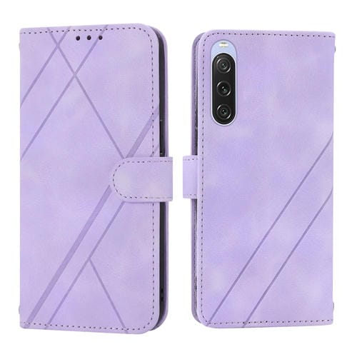 Funda de Cuero para Sony Xperia 1 Vi con Línea En Relieve y Cordón (Púrpura)