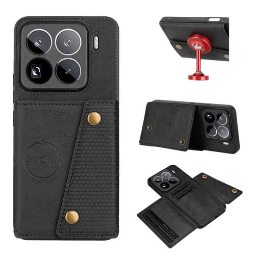 Funda Magnética Para Teléfono Con Ranuras Para Tarjetas Y Doble Hebilla Para Xiaomi 15 Pro (Negra)
