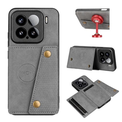 Funda Magnética Para Teléfono Xiaomi 15 Con Ranuras Para Tarjetas Y Doble Hebilla (Gris)