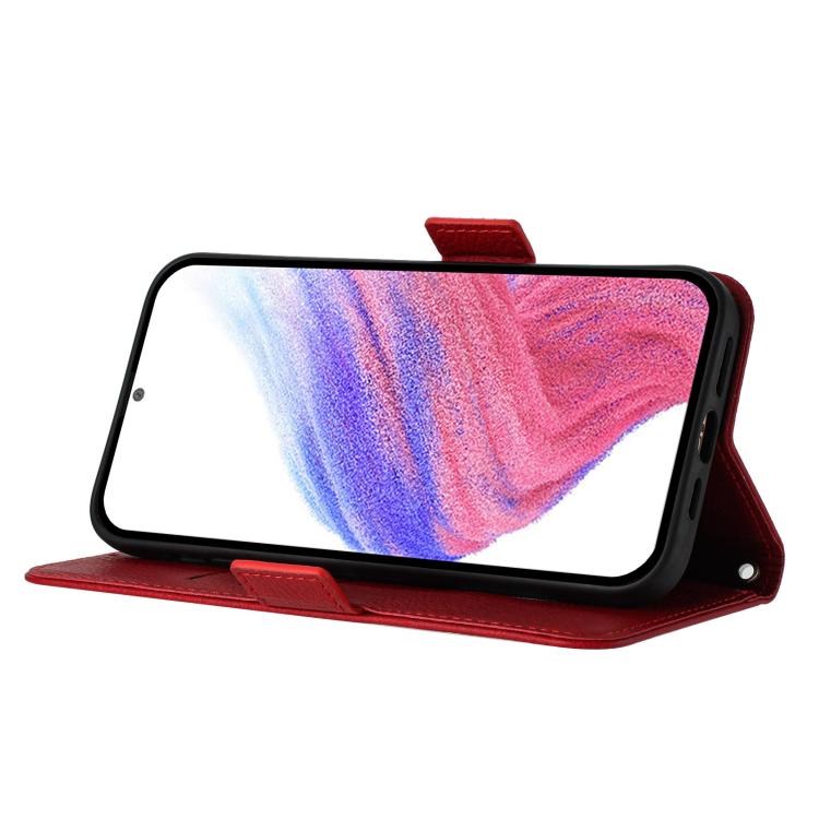Funda de cuero antirrobo RFID con relieve rosa para Samsung Galaxy M56 5G (roja)