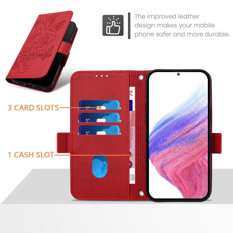 Funda de cuero antirrobo RFID con relieve rosa para Samsung Galaxy M56 5G (roja)