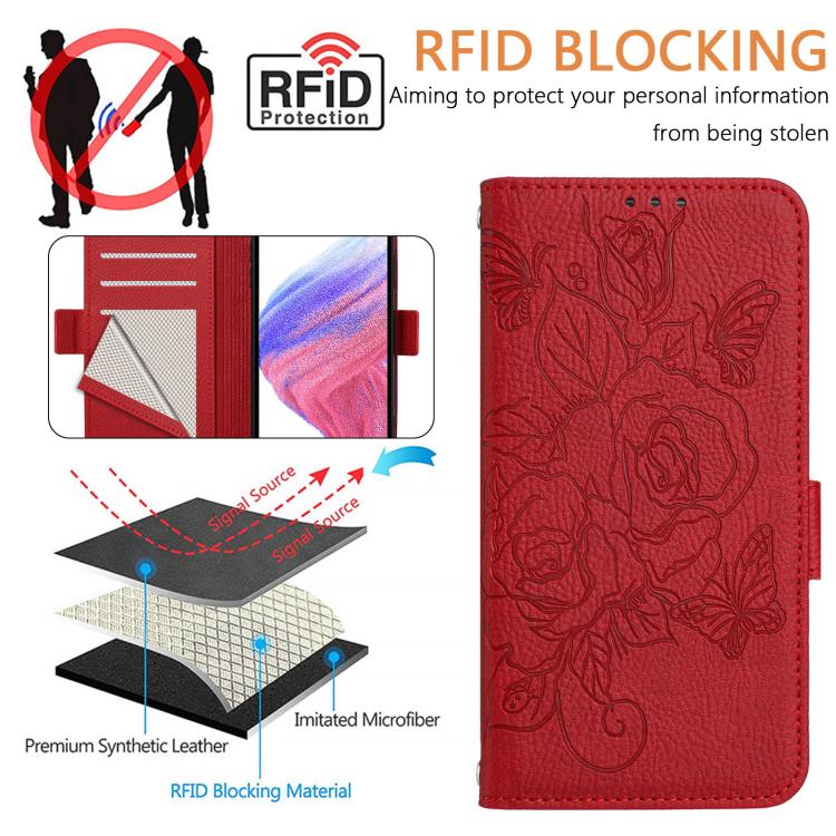 Funda de cuero antirrobo RFID con relieve rosa para Samsung Galaxy M56 5G (roja)