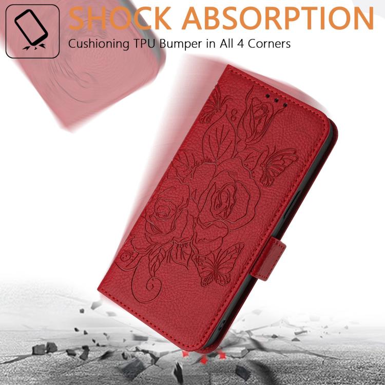 Funda de cuero antirrobo RFID con relieve rosa para Samsung Galaxy M56 5G (roja)