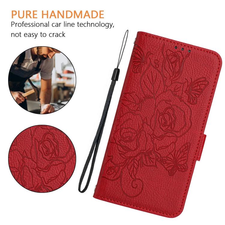 Funda de cuero antirrobo RFID con relieve rosa para Samsung Galaxy M56 5G (roja)