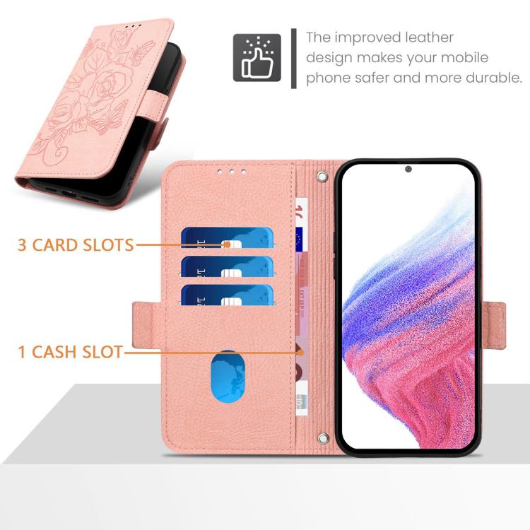 Funda de cuero antirrobo RFID con relieve rosa para Samsung Galaxy M56 5G (rosa)