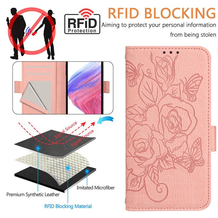 Funda de cuero antirrobo RFID con relieve rosa para Samsung Galaxy M56 5G (rosa)