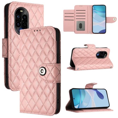 Funda de Cuero con Tapa y Textura Rombal para Huawei Nova 13 Pro con Cordón (Rosa Coral)