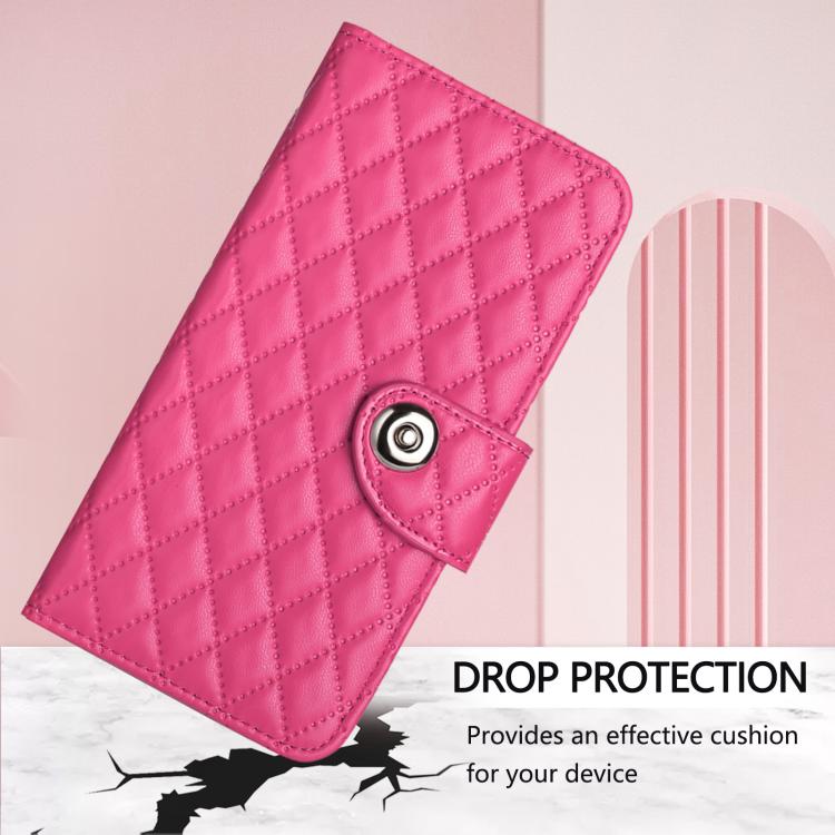 Funda de Cuero con Tapa y Textura Rómbica para Huawei Nova 13 y Nova 12 con Cordón (Rosa y Rojo)