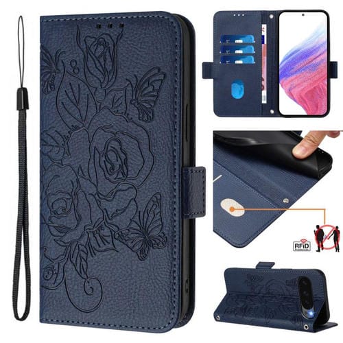 Funda de Cuero Antirrobo con RFID para Google Pixel 10 Pro XL 5G con Relieve (Azul Oscuro)