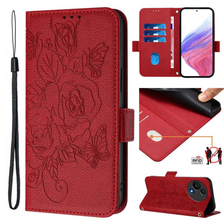 Funda de cuero antirrobo RFID con relieve rosa para TCL 605/60 SE (roja)