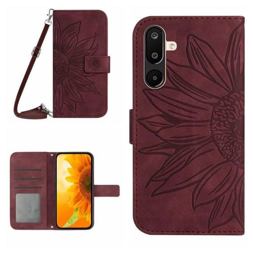 Funda de piel con tapa y cordón para Samsung Galaxy M36 5G, con diseño de girasoles en relieve (rojo vino)