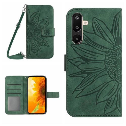 Funda de piel con tapa y cordón para Samsung Galaxy M36 5G, con diseño de girasol en relieve y tacto suave (verde)