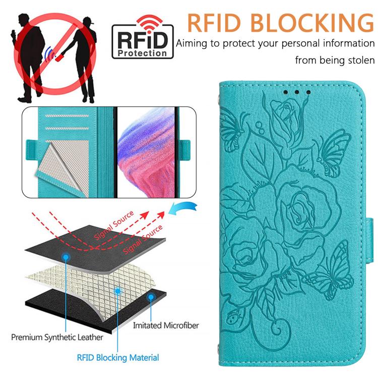 Funda de cuero antirrobo RFID con relieve rosa para Tecno Pop 10 / Infinix Smart 10 4G (azul claro)