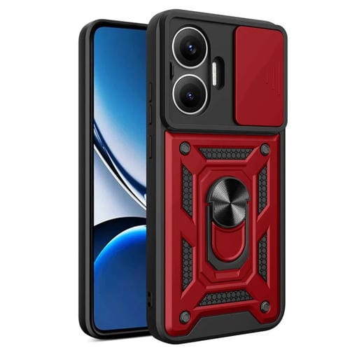 Funda híbrida de TPU y PC con diseño de cámara deslizante para Xiaomi Poco F7 (roja)