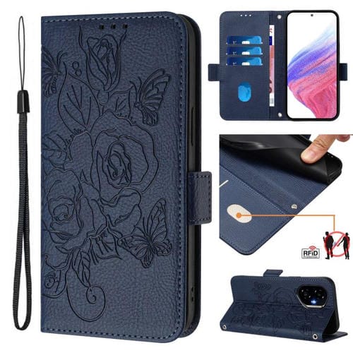 Funda de Cuero Antirrobo RFID con Relieve para Honor 300 5G (Azul Oscuro)